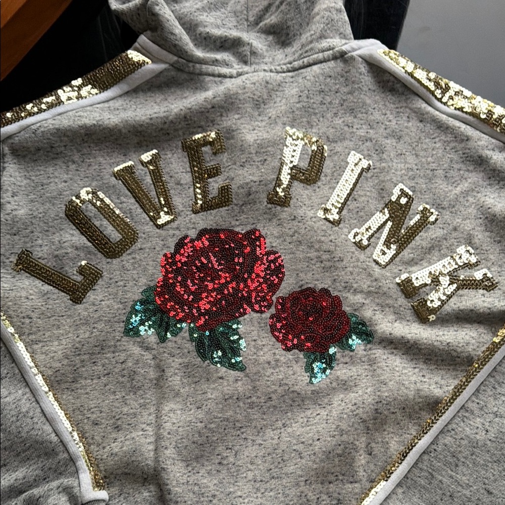 PINK Gold & Roses Sequin Heather Gray Hoodie with Gold Sequin Stripe - Picture 9 of 10